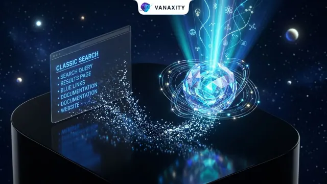 Vanaxity blog cover explaining SEO, GEO, AEO and the AI agent workflow for modern search visibility.