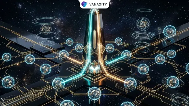 A central obsidian tower routing gold and cyan circuits to dozens of glass agent nodes across a dark platform.