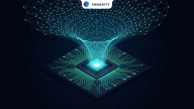 3D minimalist dark cosmic isometric tech illustration of a neural network lattice compressing into an ultra-dense 4-bit microchip core.
