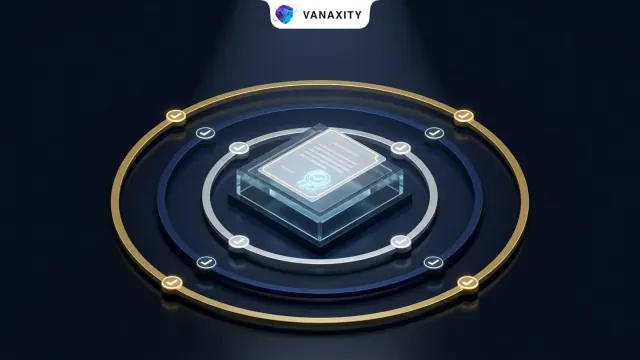 3D isometric tech illustration of an architectural pedestal with a legislative parchment plaque and three concentric compliance rings.