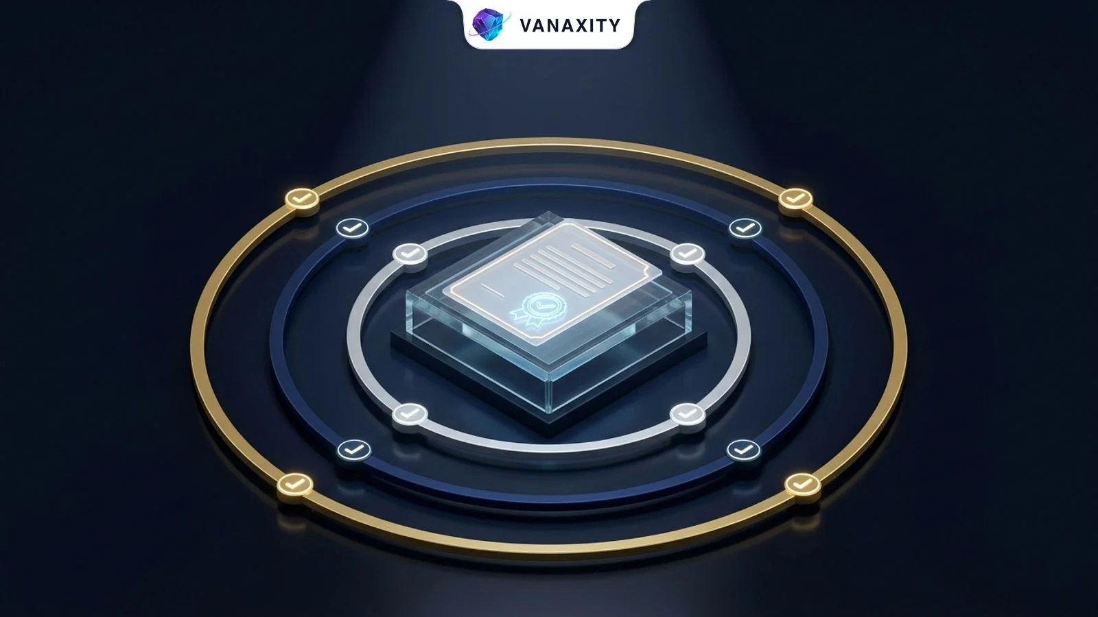 3D isometric tech illustration of an architectural pedestal with a legislative parchment plaque and three concentric compliance rings.
